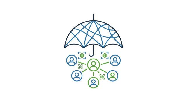 Network of people protected by an umbrella symbolizing data privacy and security in a digital environment conveying trust and assurance vector