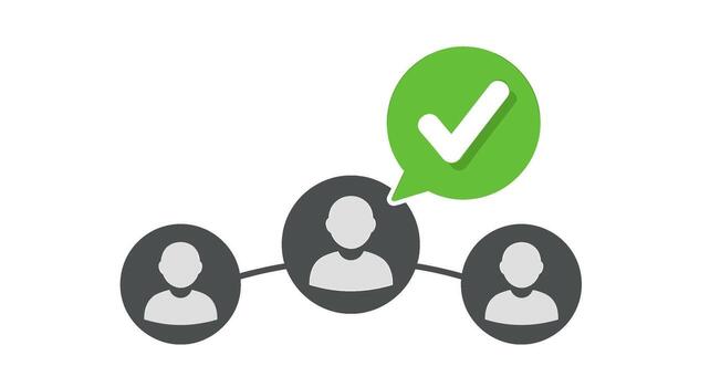 Connected network of people communicating with a green checkmark in a speech bubble symbolizing agreement and successful collaboration in a digital en vector