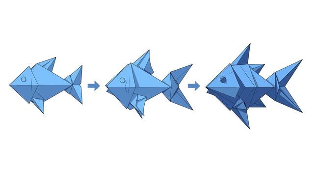 Three origami fish evolving in a sequence on a white background showcasing transformation and growth with a clean and modern aesthetic vector