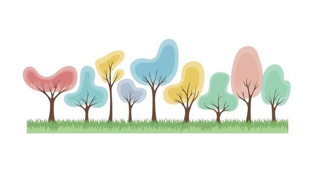 Stylized trees stand in a row on green grass creating a whimsical and colorful landscape with a peaceful and serene mood on a white background vector