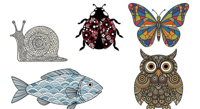 estilizado caracol mariquita mariposa pescado y búho con intrincado patrones en un blanco antecedentes exhibiendo naturalezas belleza y artístico diseño vector