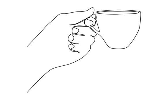 Coffee with hand continuous one line art isolated on white background. Coffee frame. vector