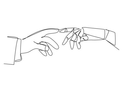 Bionic robotic hand and human hand touch fingers Line art drawing, Artificial intelligence concept. vector