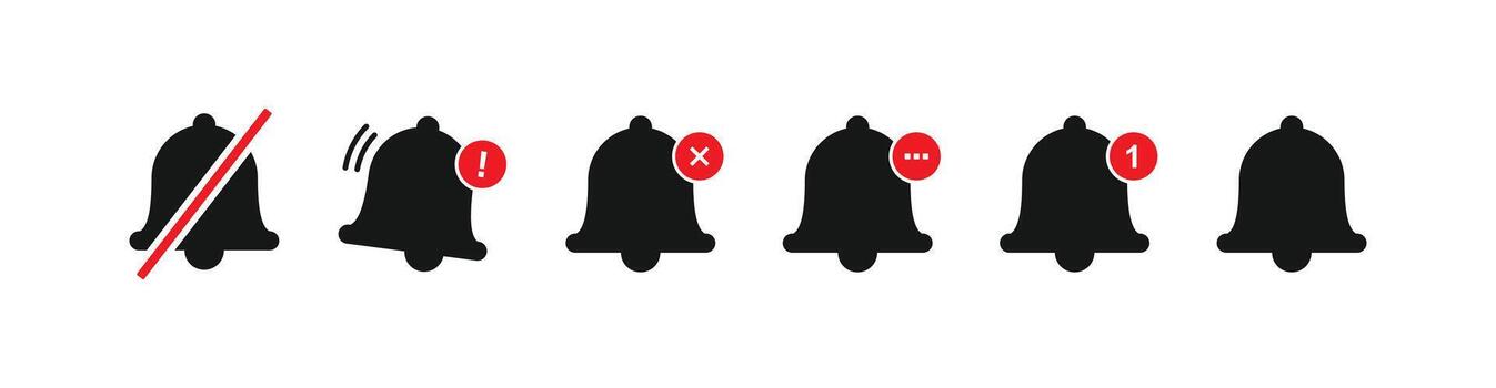 Black silhouette notification icon set in a row. Includes icons for mute, ringing, error, pending, and unread message alerts for app interface vector
