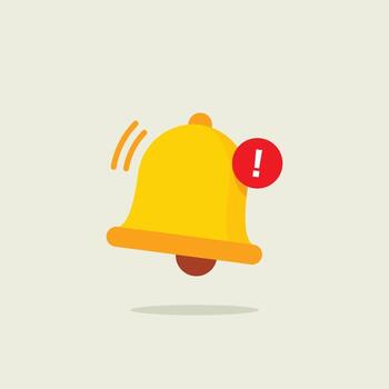 Vibrating notification bell icon indicating an urgent alert or important warning. Yellow flat design symbol with a red exclamation mark. UI element vector