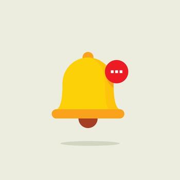 Pending notification bell icon in flat design. Yellow alert symbol featuring a red circle with ellipsis ... indicating a loading or waiting status. UI UX vector