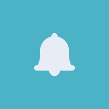 Simple white notification bell icon in flat design on a blue background. Ideal alert symbol for modern application and website UI interface vector