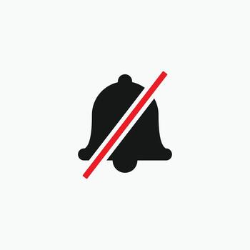 Mute notification icon in black glyph style. A red diagonal line crosses the bell, indicating notifications off or silent mode. UI UX symbol vector