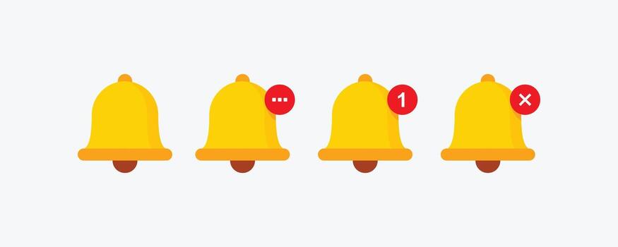 Set of yellow notification bell icons showing different states, unread message, pending update, new alert, and error notification. UI UX design vector
