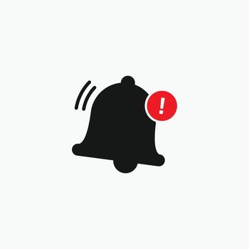 Ringing notification bell icon in black silhouette style, featuring a red exclamation mark for urgent, important alerts. UI element for modern apps vector