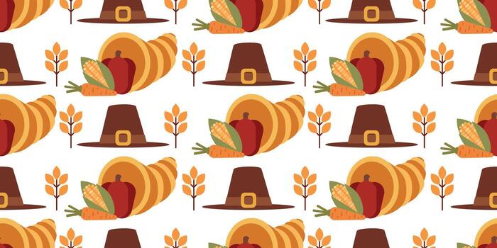 Seamless Thanksgiving pattern with cornucopia, vegetables, pilgrim hat, and yellow branches. Ideal for textile, wrapping, and festive fall prints. vector
