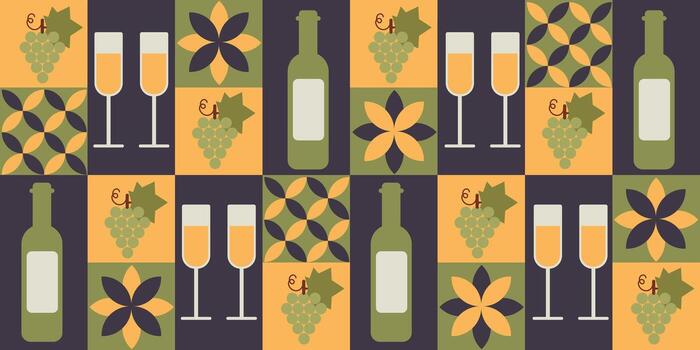 Abstract pattern featuring wine glasses, white wine bottles, and green grape clusters with geometric shapes on colorful blue, yellow, and green square background. vector