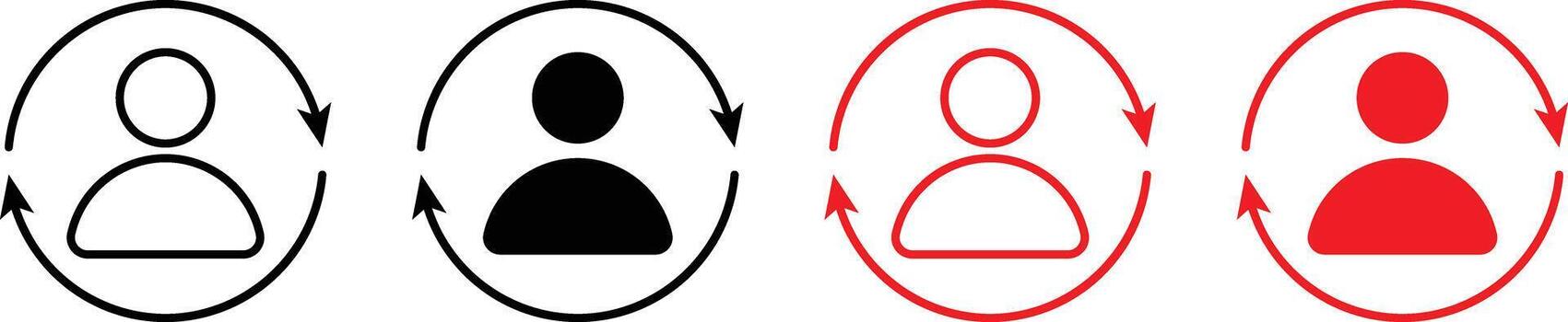 Replace person icon set. User change symbol. Person with arrow change icons. Profile switch and substitution sign. vector