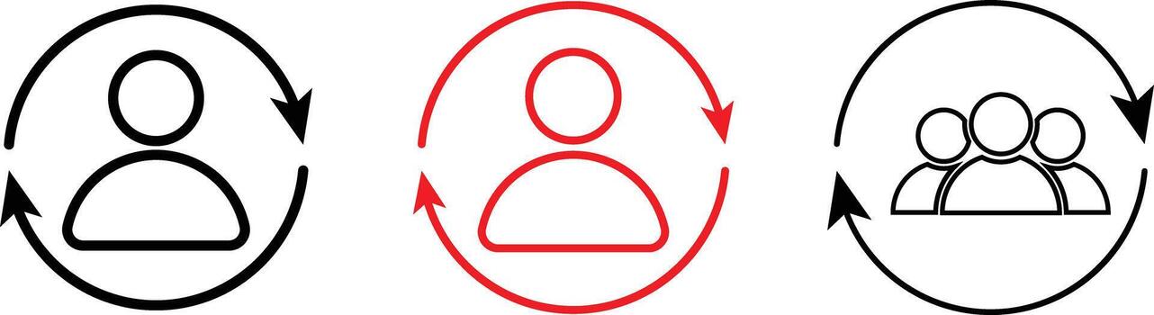 Replace person icon set. User change symbol. Person with arrow change icons. Profile switch and substitution signs vector