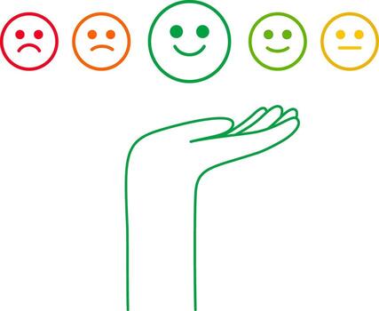 Customer satisfaction scale with a hand showing a spectrum of emotions, vector