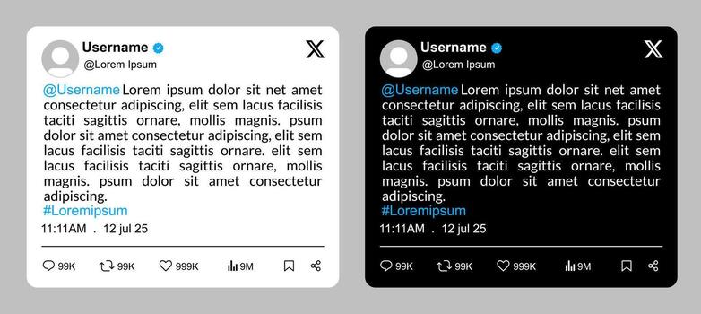 Social media post mockup in light and dark mode, example with lots of text, vector