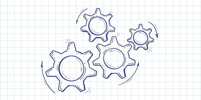 Drawn gears on a piece of paper. Business concept. Engineering invention. vector