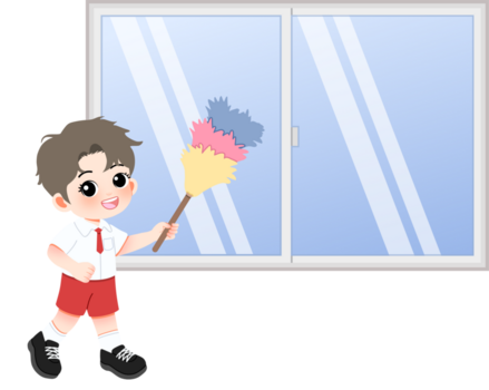 allegro scolaro diligentemente pulisce un' scintillante finestra con un' colorato spolverino, dimostrando responsabilità e pulizia nel un' luminosa e contento ambientazione, in mostra un' positivo approccio per quotidiano faccende png