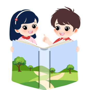 två Lycklig barn läsning ett öppen bok med en lugn landskap scen visas inom dess sidor, symboliserar utbildning och fantasi png