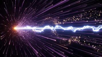 astratto leggero striature nel buio spazio, visualizzare velocità e quantità di moto, sfondo per tecnologia e dati, viola e blu energia flusso con scintille 4k video