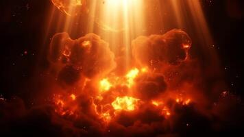 eldig clouds med gudomlig ljus strålar en dramatisk scen av glödande orange moln och lysande partiklar upplyst förbi strålnings strålar, skapande ett atmosfärisk och intensiv skådespel 4k video