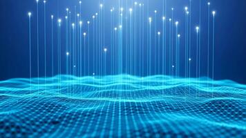 Abstract Technology Landscape Blue Digital Mesh with Glowing Nodes and Data Streams, Future Innovation, Connectivity and Network, Data Visualization, Artificial Intelligence Concept 4k video