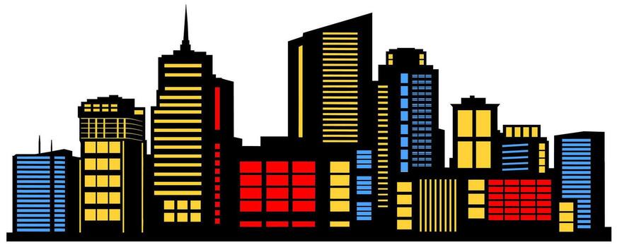 Landscape set of buildings silhouette on a white background. A color outline of low-rise and high-rise complexes and skyscrapers. Structural constructions placed urban objects vector