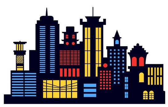 Landscape of buildings silhouette on a white background. A color outline of low-rise and high-rise complexes and skyscrapers. Structural constructions placed urban objects vector