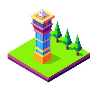 Isometric building standing on green grass patch with pine trees, modern city or town element for game asset vector