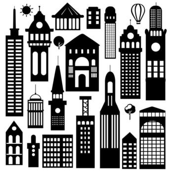 Landscape buildings silhouetted on white background. Outline of low-rise and high-rise complexes and skyscrapers. Structural constructions placed urban objects vector