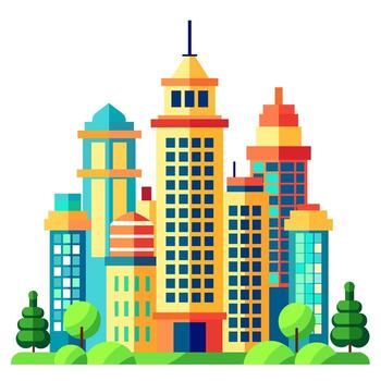 illustrations of a color silhouette of city structures in outlines on white background, beneath different developments are utilized in high-rise and low-rise outlines urban vector