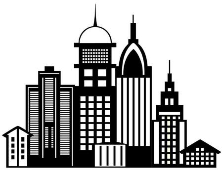 Landscape set of buildings silhouetted white background. Outline of low-rise and high-rise complexes and skyscrapers. Structural constructions placed urban objects vector