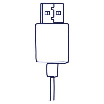 Blue Outline Drawing of a USB Connector Cable for Digital Data Transfer and Electronic Device Connection on White Background vector