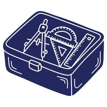 Illustration of a geometry set in a box with compass protractor ruler and triangle representing mathematical precision and drafting tools for engineering designs vector