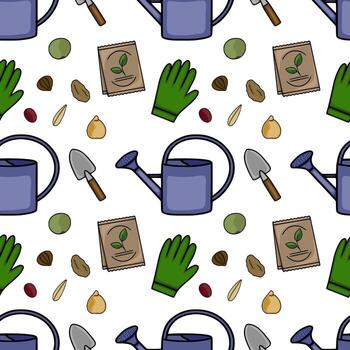 Seamless pattern featuring gardening tools, seed packets, and various seeds, with a cheerful and organized arrangement. vector