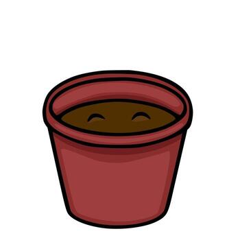 A simple illustration of a red plant pot filled with dark soil, with two subtle curved shapes resembling eyes within the soil. vector