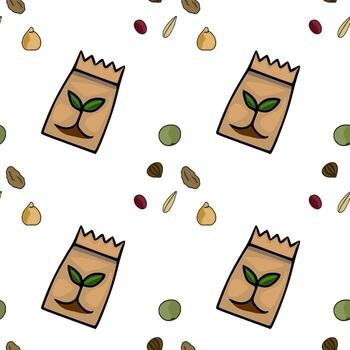 Seamless pattern featuring stylized seed packets with sprouting plants and scattered seeds, creating a playful and organic garden theme. vector
