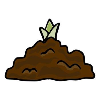 A simple, charming illustration of a mound of rich brown soil with a fresh green sprout emerging from its center, rendered with bold black outlines and a playful, stylized aesthetic. vector
