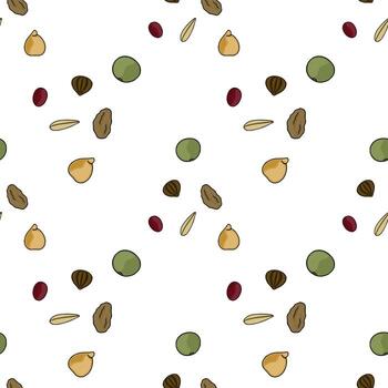 Seamless pattern of assorted dried grains and seeds, featuring peas, lentils, sunflower seeds, and oats, with a clean white background. vector