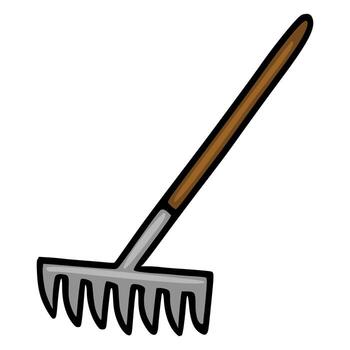 A simplified illustration of a garden rake with a brown handle and grey tines, isolated on a white background. vector