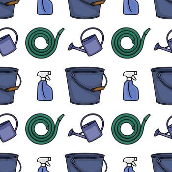 Seamless pattern of gardening tools including buckets, watering cans, spray bottles, and coiled green hoses, rendered in a charming, flat illustration style with a white background. vector