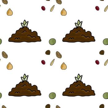 Seamless pattern of sprouting seeds and soil mounds with scattered seeds. vector