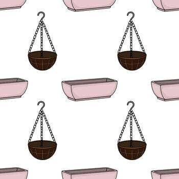 sin costura modelo presentando colgando cesta jardineras y rectangular ventana cajas en un simple, limpiar ilustración estilo. vector