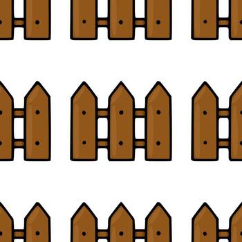 Seamless pattern of a hand-drawn wooden picket fence with pointed tops and dark outlines, creating a charming rustic background. vector