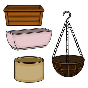 un colección de cuatro distinto plantador objetos, incluso un de madera ventana caja, un pálido rosado rectangular plantador, un cilíndrico bronceado maceta, y un oscuro marrón colgando cesta con un cadena, presentado como un cl... vector