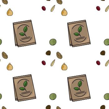 Seamless repeating pattern of seed packets and various seeds, depicting growth and gardening. vector