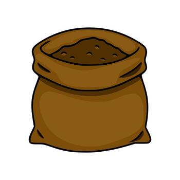 A simple brown burlap sack overflowing with soil, depicted as a clean illustration with bold black outlines and a white background. vector