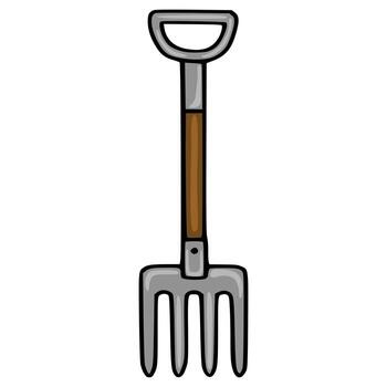 A simple, stylized illustration of a garden pitchfork with a D shaped handle and four tines, presented on a plain white background. vector