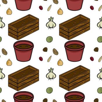 sin costura modelo presentando isométrica jardinería elementos me gusta de madera jardineras, rojo ollas lleno con suelo, y varios semillas incluso cebollas, guisantes, y frijoles, conjunto en contra un limpiar blanco fondo... vector