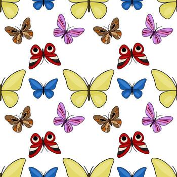 Seamless pattern of colorful butterflies, featuring yellow, blue, purple, and red varieties with intricate wing designs and distinct eye-like markings, set against a clean white background. vector